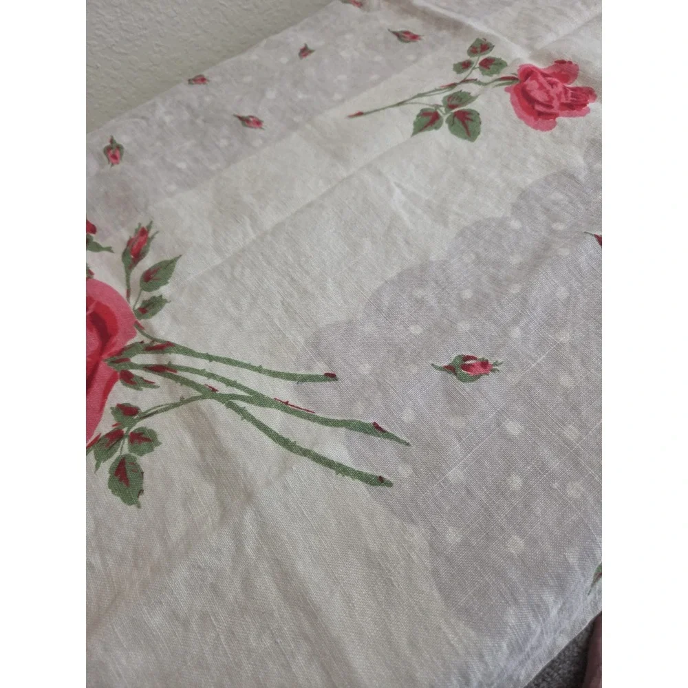 Vtg Floral Linen Tablecloth 46x46 Pink Red Cabbage Roses Polka Dot Small Stain
